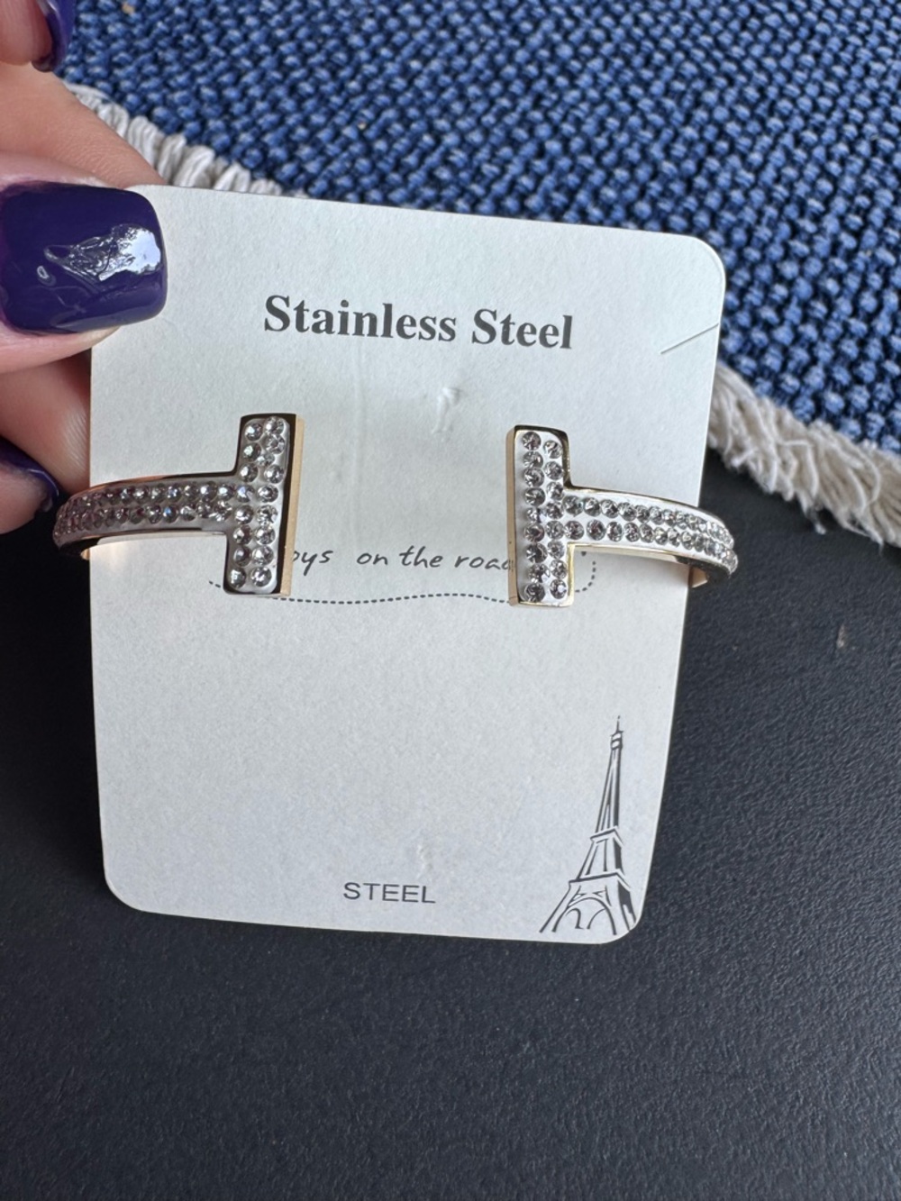Gold-Tone Rhinestone T Bracelet – Stainless Steel (Brand New)